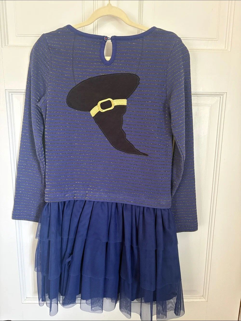 Mini Boden Navy Blue Long-Sleeve Tulle Pocket Dress with Halloween Appliqués